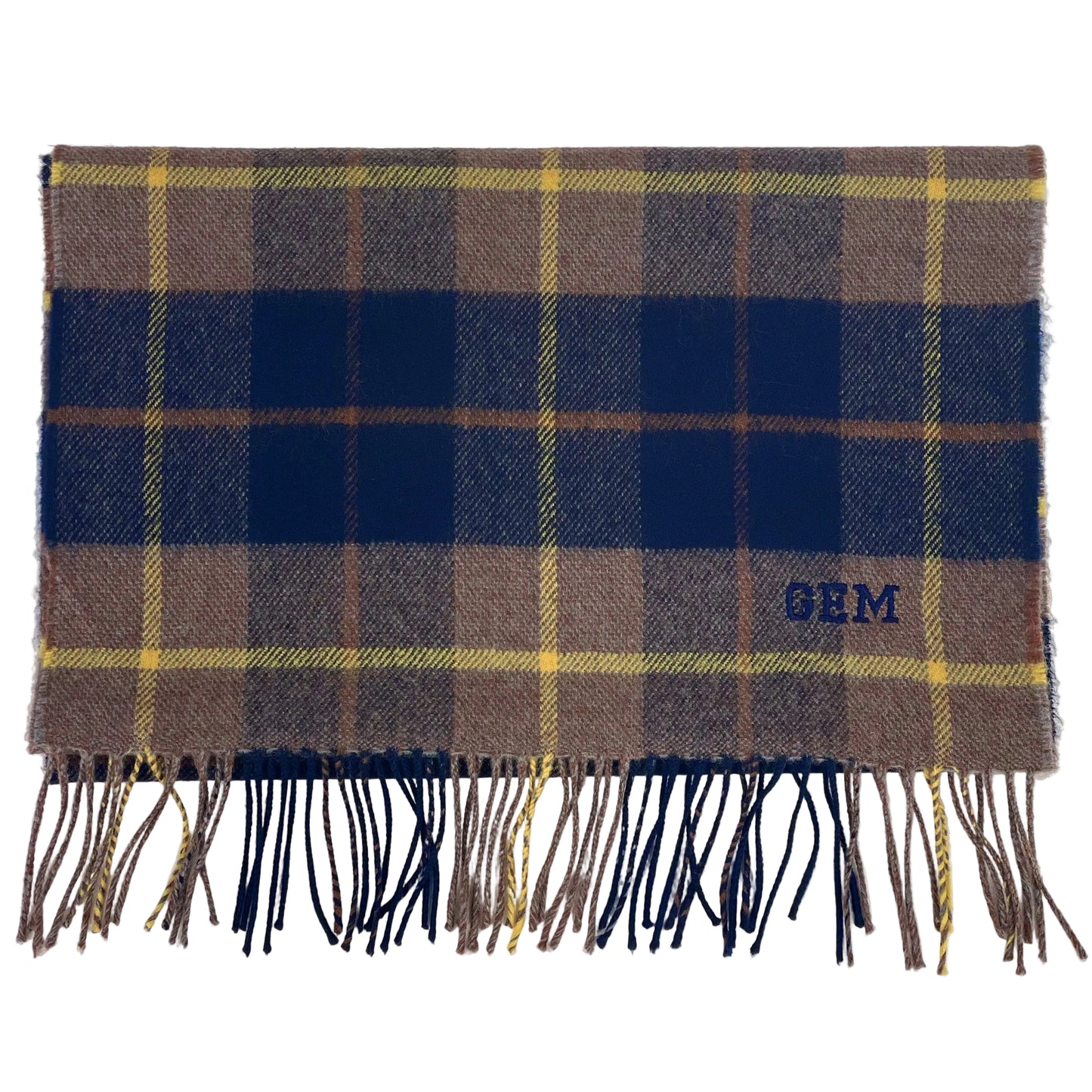 Old Salopian Tartan scarf with fringes and 'GEM' embroidery on a white background