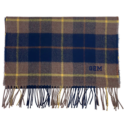 Old Salopian Tartan scarf with fringes and 'GEM' embroidery on a white background
