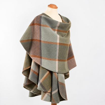 Lambswool Cape – Green, Brown, Orange & Cream Check