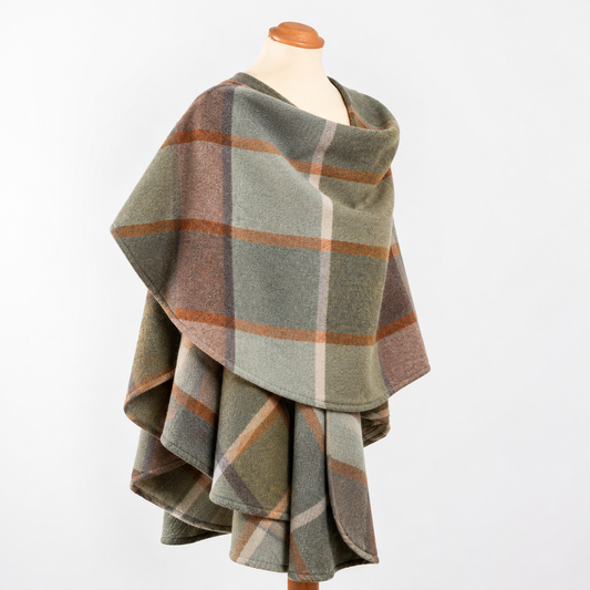 Lambswool Cape – Green, Brown, Orange & Cream Check