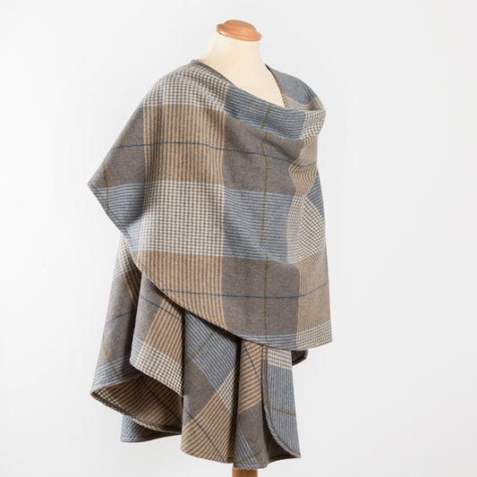 Lambswool Cape – Cream, Taupe & Denim Check