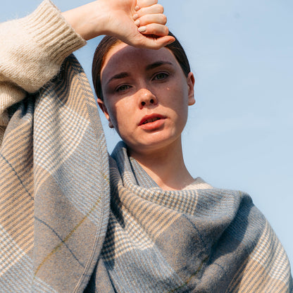 Lambswool Cape – Cream, Taupe & Denim Check