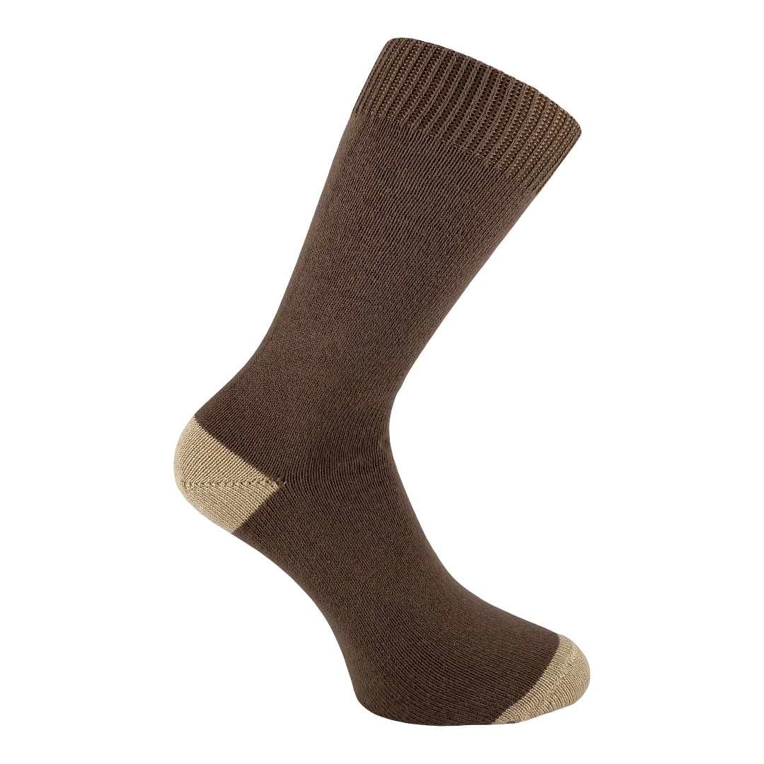 Brown sock with beige heel and toe on a white background