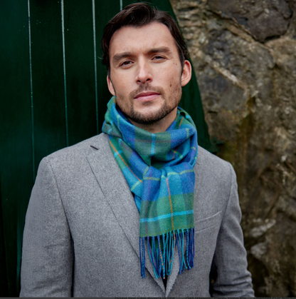 Denim & Green Check Merino Scarf