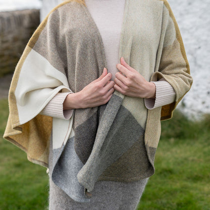 Lambswool Cape – Mustard, White, Cream & Grey Block