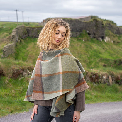 Lambswool Cape – Green, Brown, Orange & Cream Check