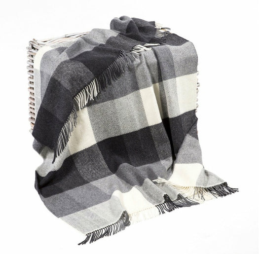 Merino & Cashmere Throw | White Grey Herringbone Block Check