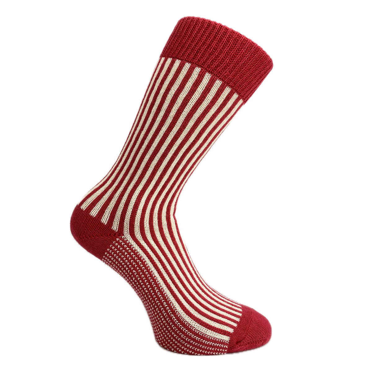 Red and white striped sock on a white background