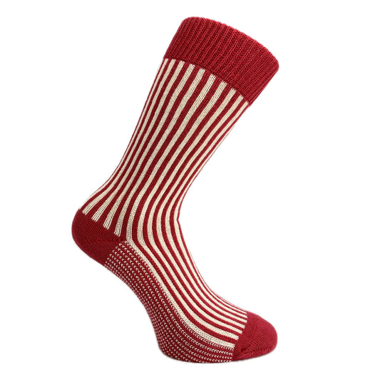 Red and white striped sock on a white background
