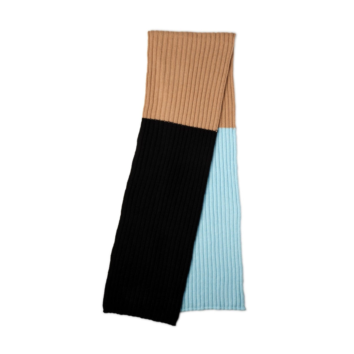 Color-blocked scarf with brown, black, and light blue sections on a white background