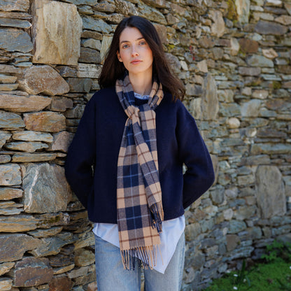 Navy & Beige Brown Check Merino Scarf