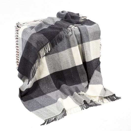 Merino & Cashmere Throw | White Grey Herringbone Block Check