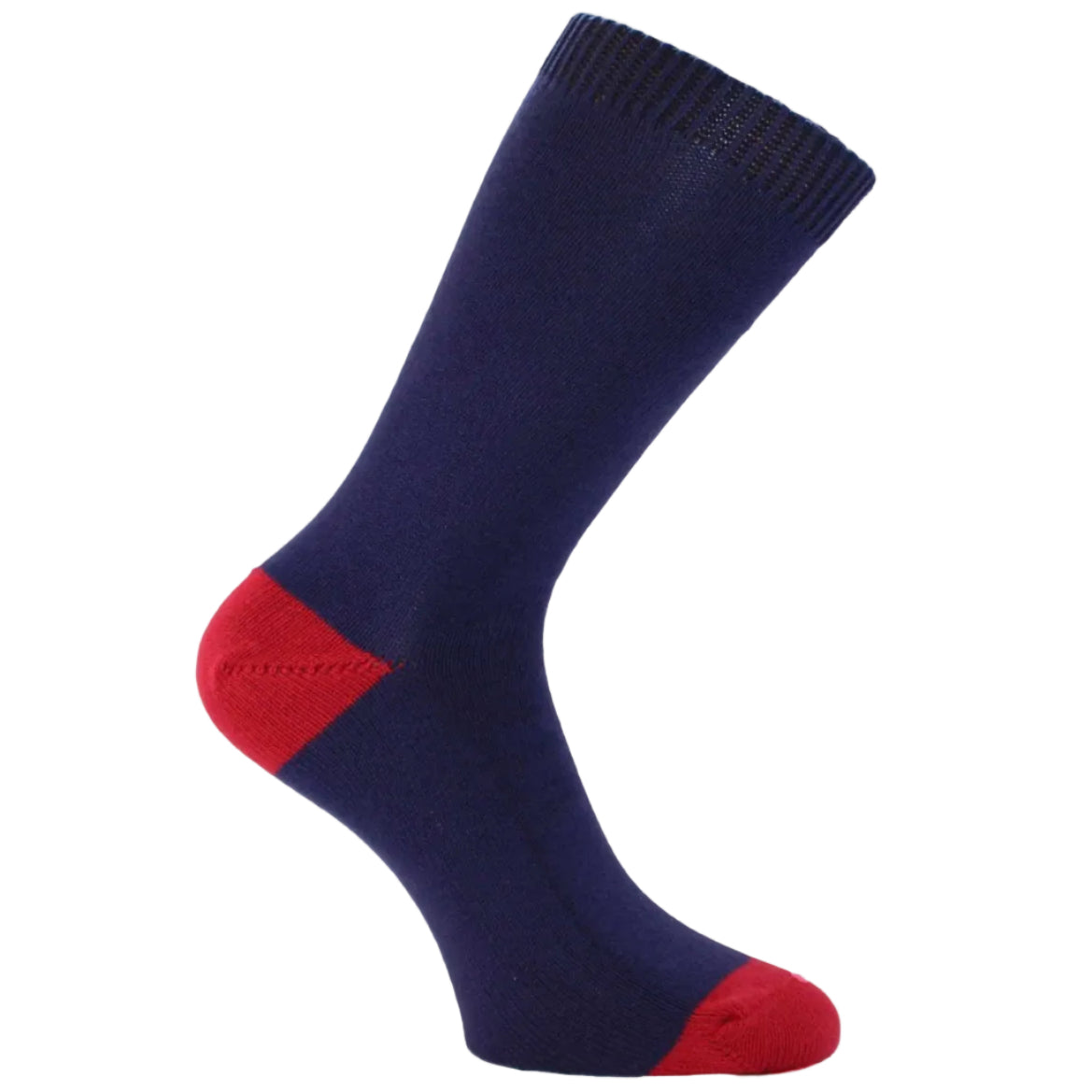 A pair of navy blue socks with red heel and toe contrast, designed for mid-calf height.
