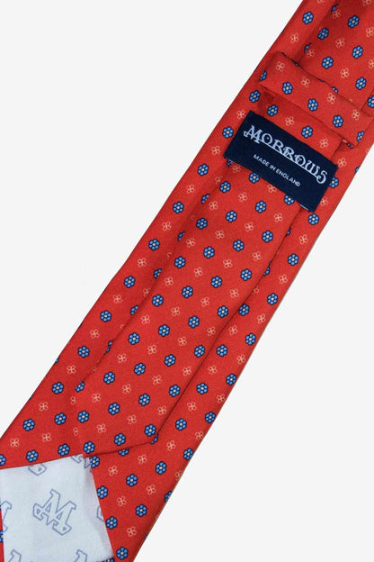 Back of Red Floral Pattern Tie with Morrows Logo - 100% Silk - Hand Made in England