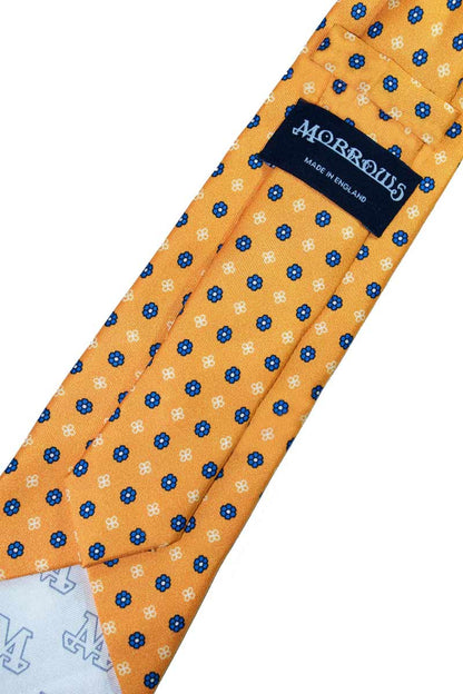 Orange Silk Tie with Blue Floral Design with shirt back with Morrows Label - Hand Made in England