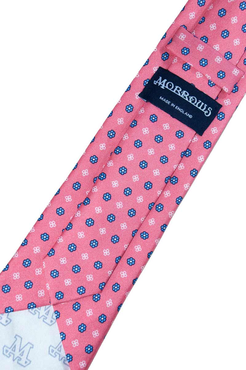 Back of Pink and Blue Floral Pattern Tie with Morrows Logo - 100% Silk - Hand Made in England