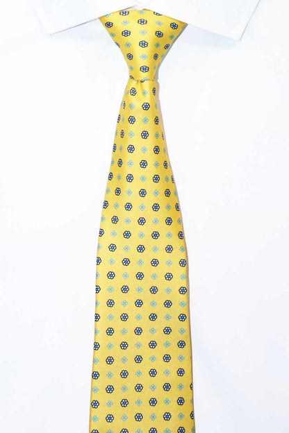 Bright Yellow Tie with Blue Floral Design on a shirt - 100% Silk - Hand Made in England