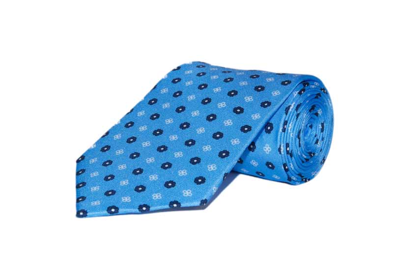 Light Blue and Navy Floral Silk Tie - Handmade in England.