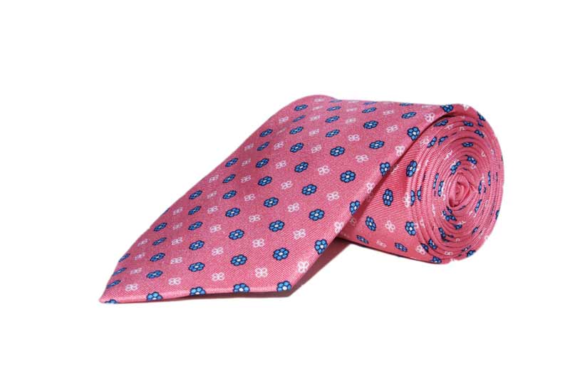 Rolled up Pink and Blue Floral Pattern Tie - 100% Silk - Hand Made in England