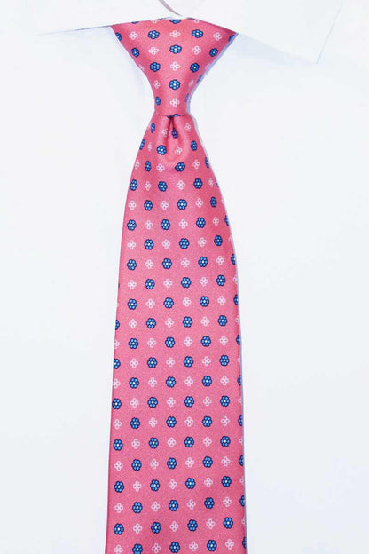 Pink and Blue Floral Pattern Tie On White Shirt - 100% Silk - Hand Made in England