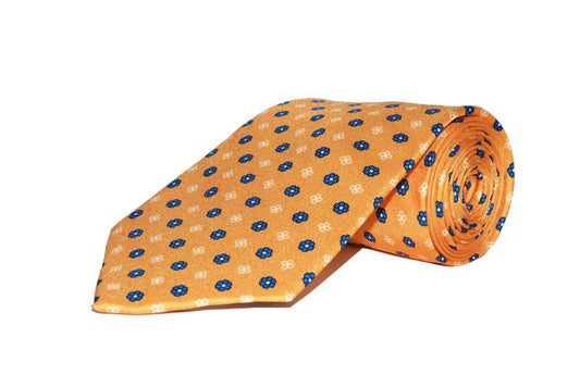 Orange Silk Tie with Blue Floral Design with shirt rolled tie - Hand Made in England