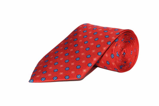 Rolled Up Red Floral Pattern Tie - 100% Silk - Hand Made in England