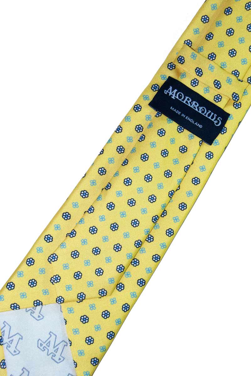 Bright Yellow Tie with Blue Floral Design back - 100% Silk - Hand Made in England