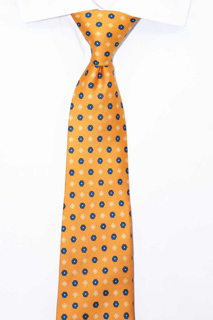 Orange Silk Tie with Blue Floral Design with shirt - Hand Made in England
