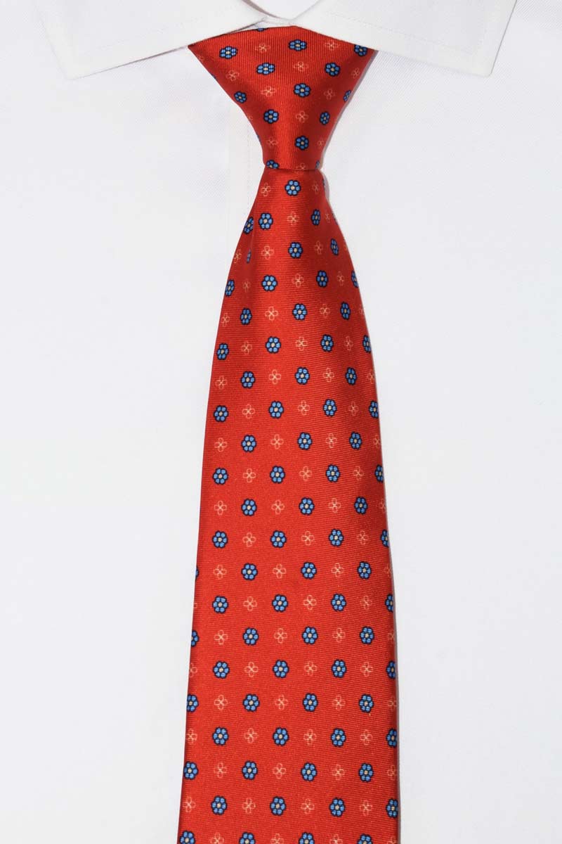 Red Floral Pattern Tie on a White Shirt - 100% Silk - Hand Made in England