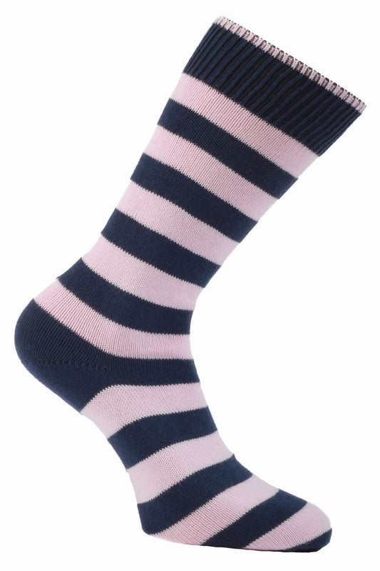 Rayner Thin Light Pink and Navy Blue Striped Socks - Seamless Toe Design 