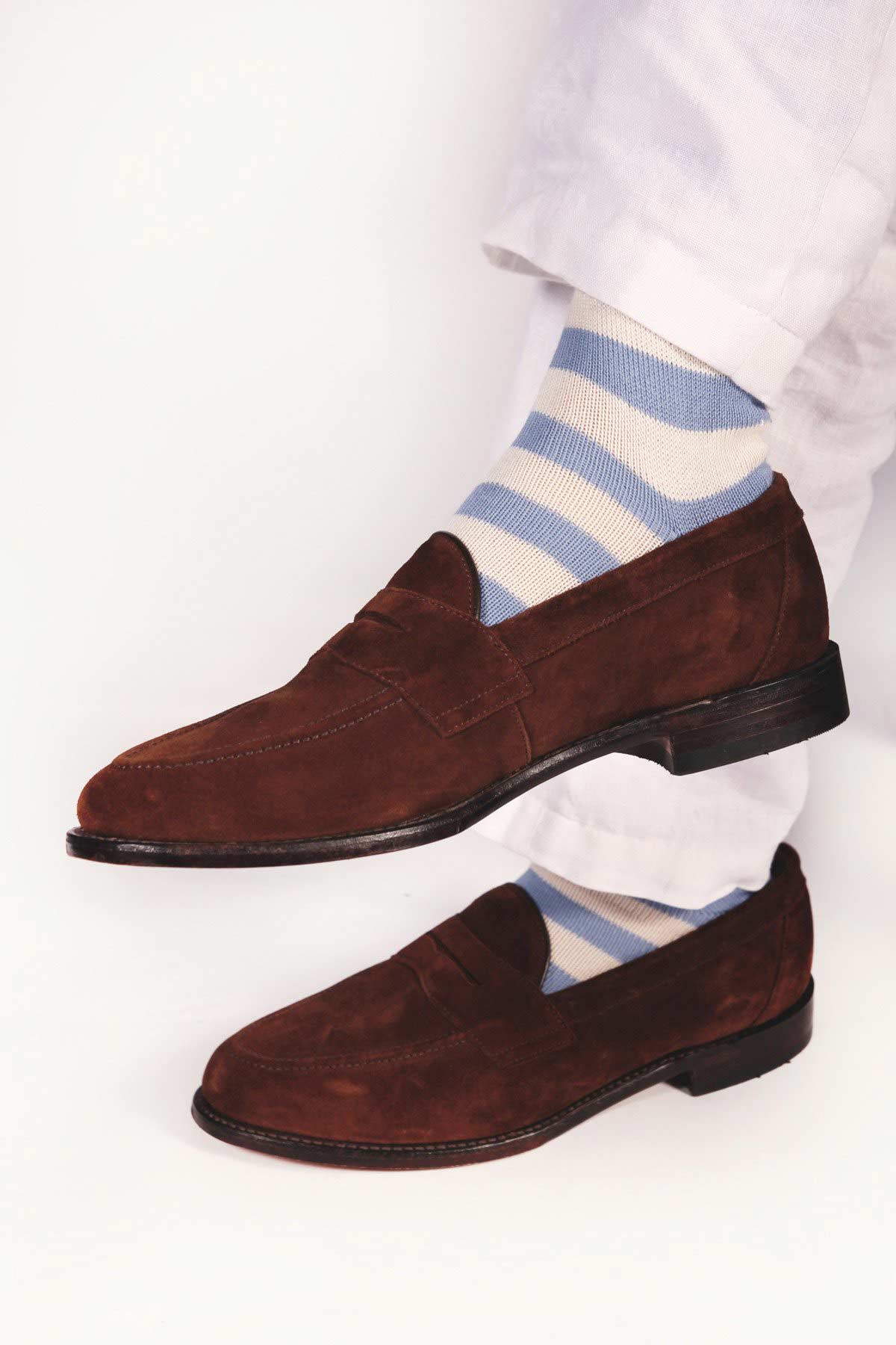 Wishon Thin White and Blue Striped Socks - With Suede Loafers and White Trousers
